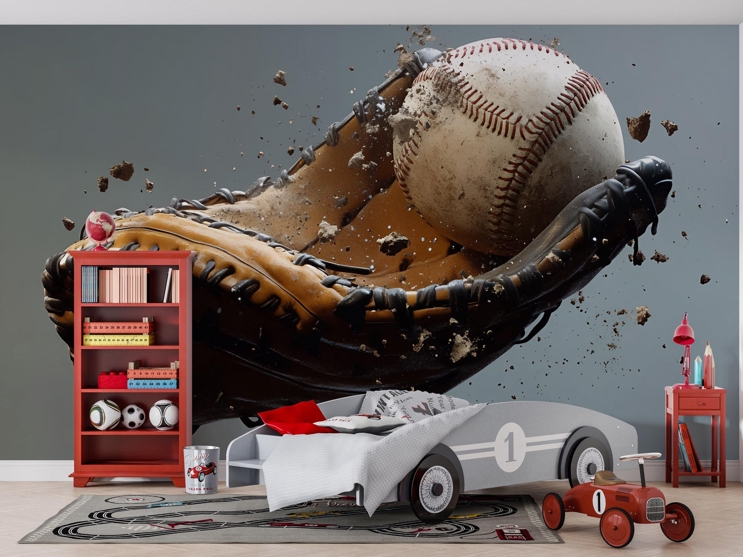 3D Baseball Wall Mural for Kids Room – Sports Theme Wallpaper, Boys Bedroom Decor, Athletic Playroom Art, Glove & Ball Explosion Vn524