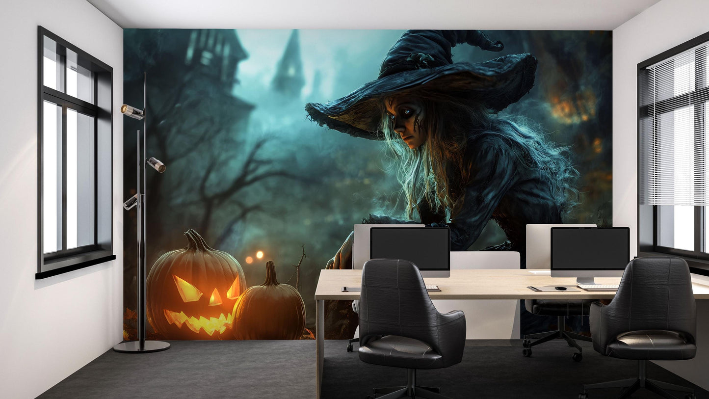 Haunted Witch & Pumpkin Wall Mural – Spooky Halloween Gothic Wallpaper for Home or Store  Vn793