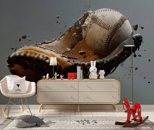 3D Baseball Wall Mural for Kids Room – Sports Theme Wallpaper, Boys Bedroom Decor, Athletic Playroom Art, Glove & Ball Explosion Vn524