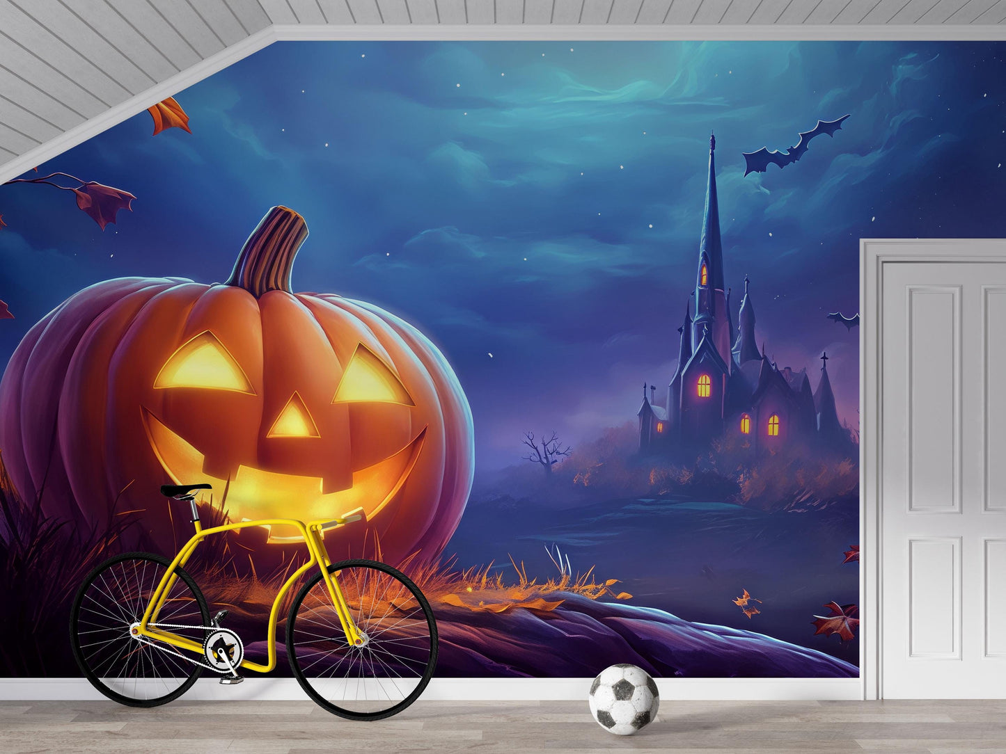 Haunted House & Jack-O’-Lantern Halloween Wall Mural – Spooky Night Scene Vn814