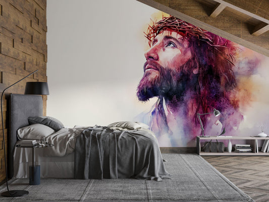 Jesus Watercolor Wall Mural – Crown of Thorns Christian Art – Spiritual Bedroom Decor – Religious Faith Art Vn614