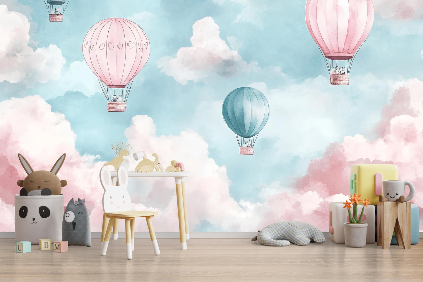 Hot Air Balloon Mural – Pink Blue Cloud Wallpaper Kids Nursery Wall Decor Vn998