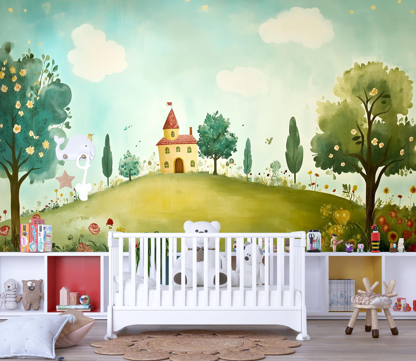 Whimsical Kids Wall Mural – Fantasy Forest and Castle Scene, Nursery Wallpaper, Playroom Wall Art Decor Vn619