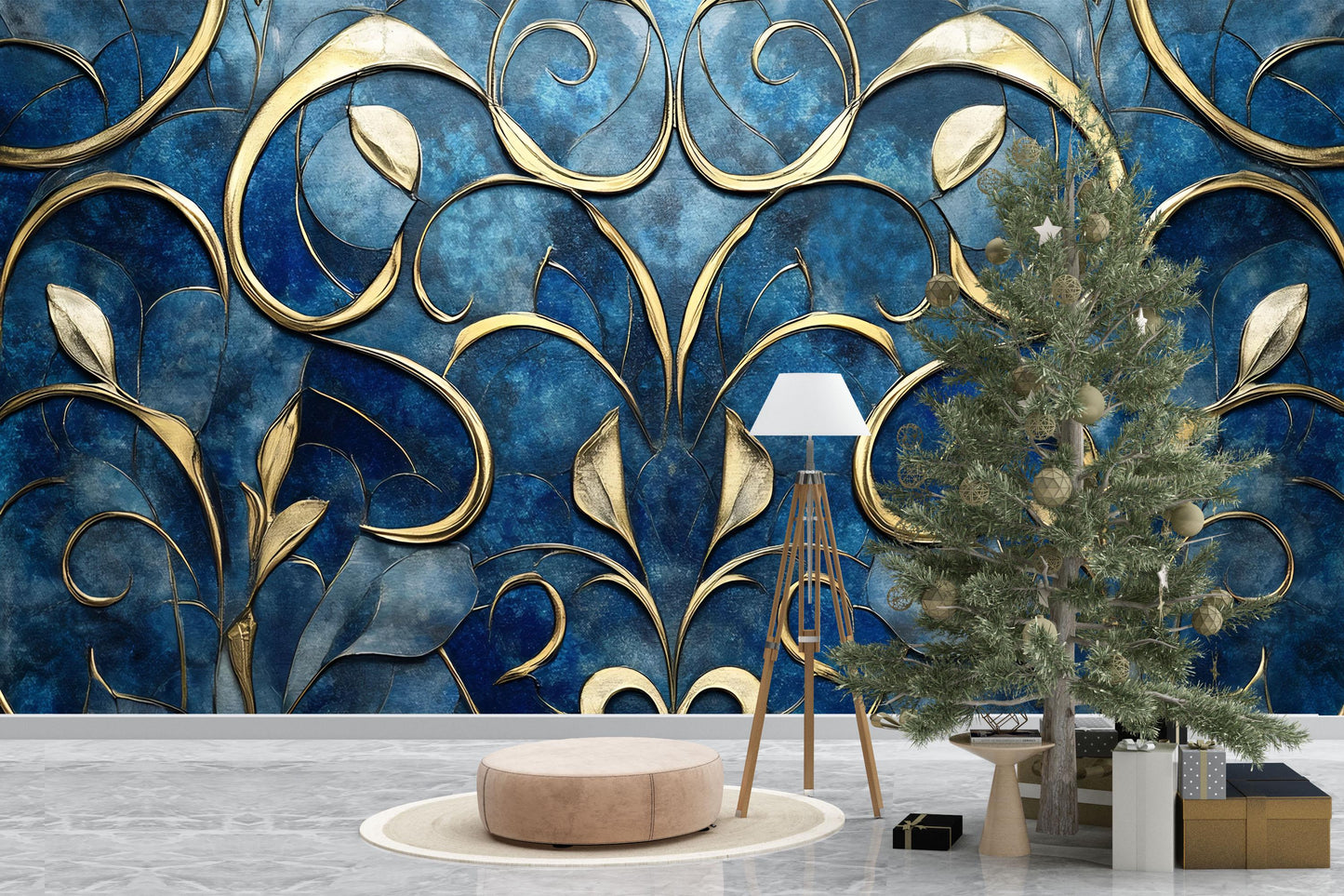 Luxury Blue & Gold Abstract Floral Wall Mural | Elegant 3D Effect Wallpaper for Living Room, Bedroom, Office Vn756