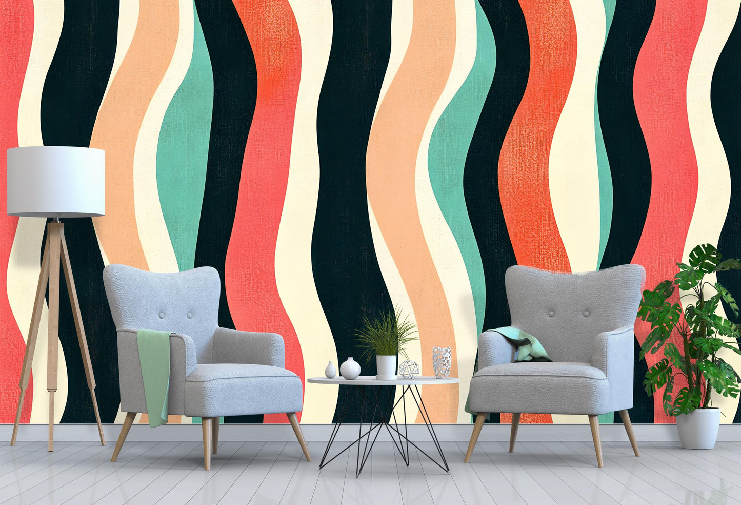Retro Wavy Stripes Wallpaper – Bold Colorful Wall Mural Vn1020