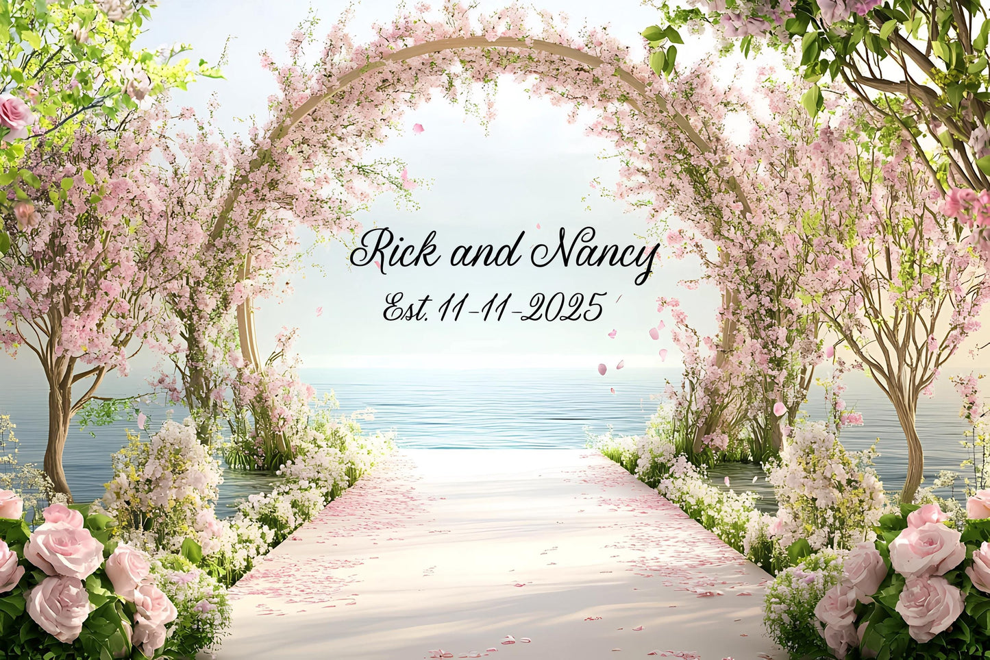 Romantic Wedding Backdrop with Names & Date – Cherry Blossom Arch Decor Vn511