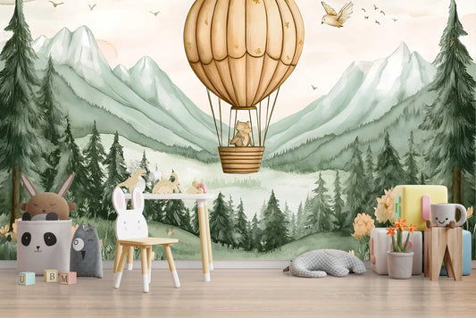Whimsical Bear Hot Air Balloon Nursery Wall Mural – Forest Mountains Animal Wallpaper for Kids Room Decor Vn447