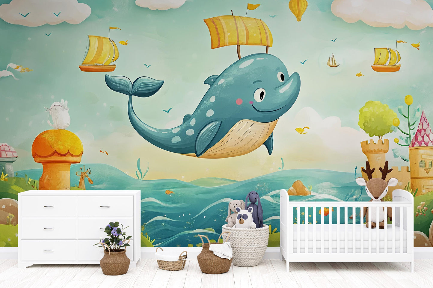 Flying Whale Wall Mural | Fantasy Ocean Kids Wallpaper | Cute Animal Nursery Decor | Magical Sea Scene Art for Playroom or Bedroom Vn439