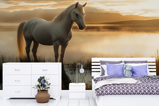 White Horse Sunrise Wall Mural – Peaceful Nature Lake Scene | Horse Lover Bedroom Decor Vn024
