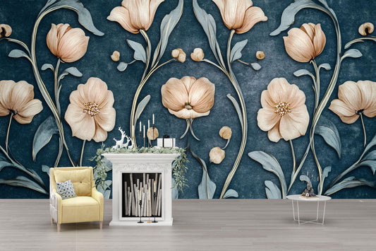 Elegant 3D Floral Wall Mural | Peach Flowers on Navy Background | Modern Botanical Wallpaper Vn753