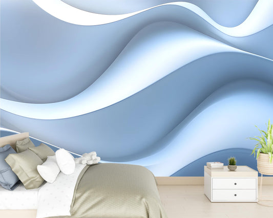 Modern Blue Wave Wall Art Mural | 3D Abstract Ocean-Inspired Wallpaper | Contemporary Living Room Decor | Removable Peel & Stick Vn228