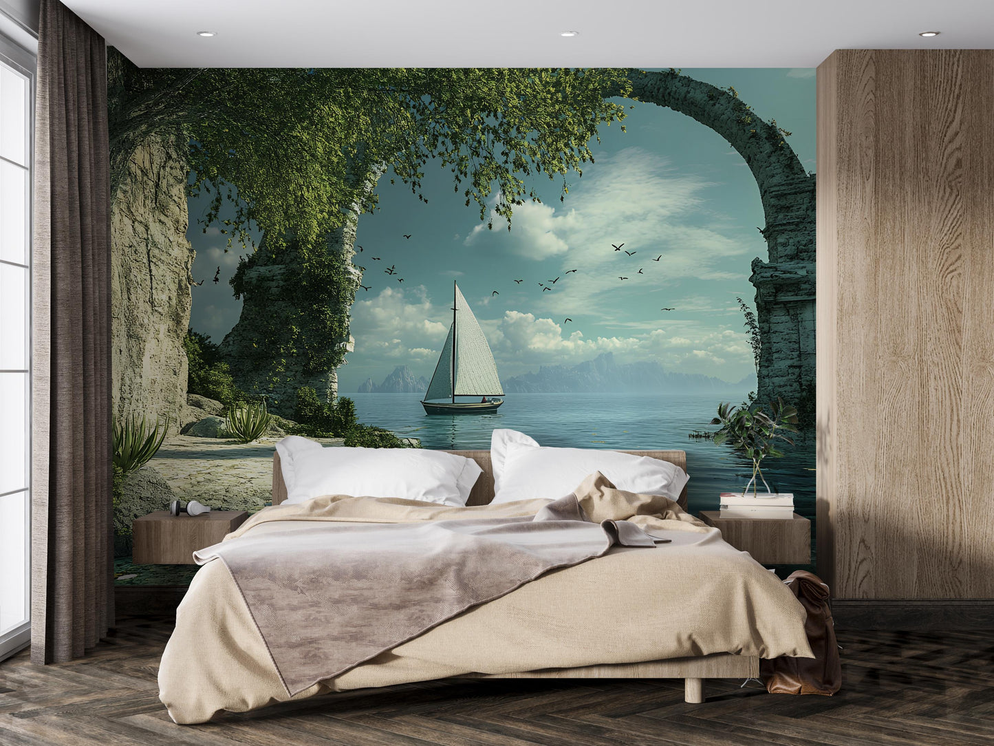 Ocean View Wall Mural – Sailboat & Ancient Arch Scenic Wallpaper – Serene Bedroom Decor Vn565