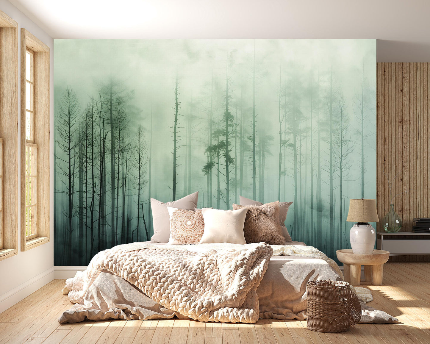 Misty Pine Forest Wall Mural – Foggy Woodland Wallpaper, Nature Landscape Accent Wall Decor for Bedroom or Living Room Vn1072