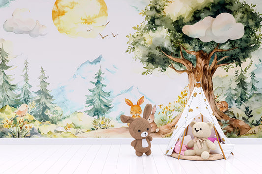 Woodland Forest Nursery Wall Mural, Animal Tree Crib Background, Nature Baby Room Wallpaper Vn001