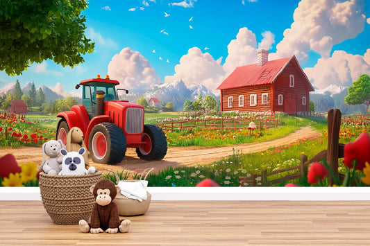 Farm Nursery Wall Art – Red Tractor & Barn Landscape Mural – Country Baby Room Decor for Boys or Girls Vn316