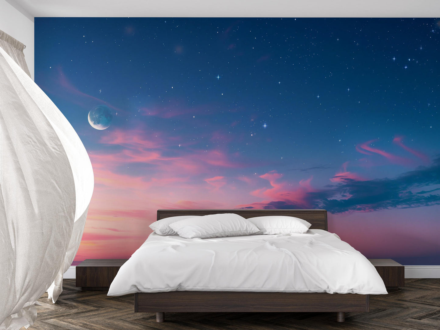 Moonlight Sky Wall Mural – Pink Sunset Clouds & Starry Night Wallpaper, Celestial Accent Wall Decor for Bedroom or Living Room Vn1079