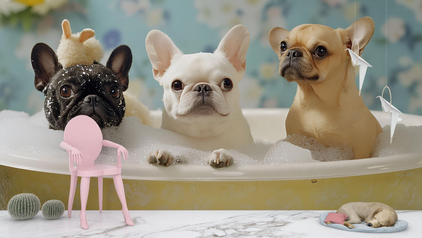 French Bulldog Bathtime Wall Mural – Cute Dog Bathroom Decor, Playful Pet Art for Dog Lovers, Whimsical Animal Wallpaper Vn672