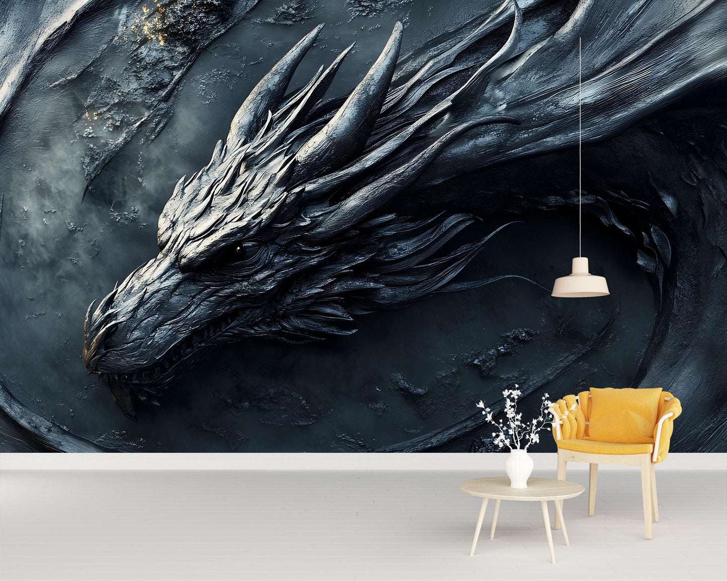 Dark Dragon Wall Mural | Fantasy Art Wallpaper | Gothic Dragon Head Decor | Mythical Beast Wall Art for Living Room or Office Vn596
