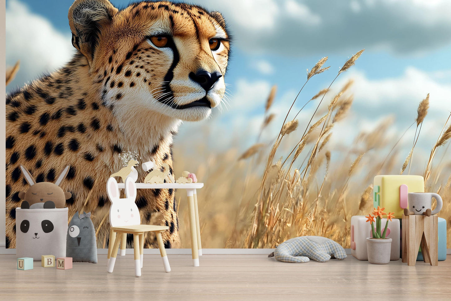 Cheetah in Grassland Wall Mural – Realistic Wildlife Safari Wallpaper for Nursery or Bedroom Vn781