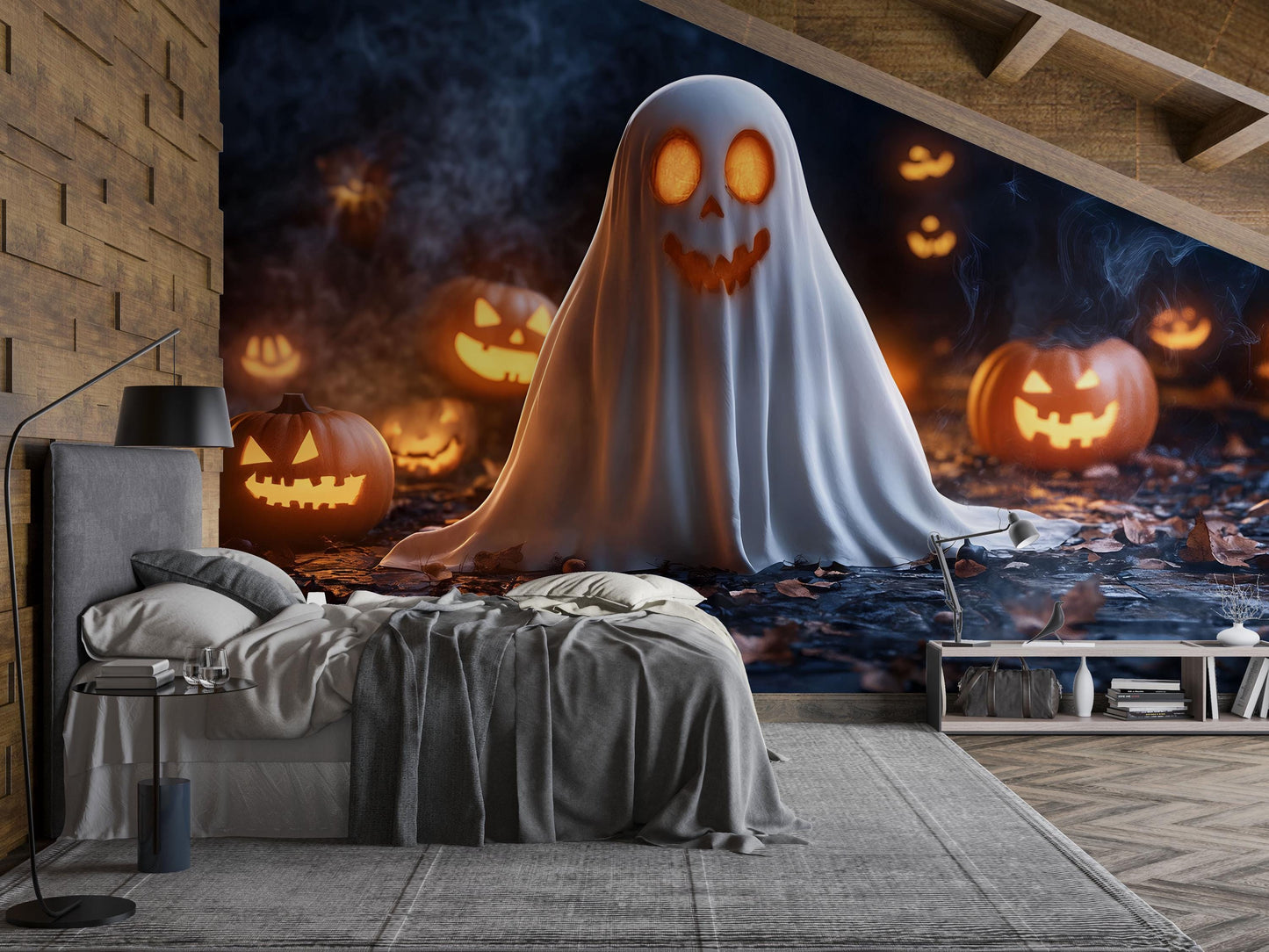 Cute Ghost & Pumpkin Glow Wall Mural – Halloween Spooky Décor Vn803
