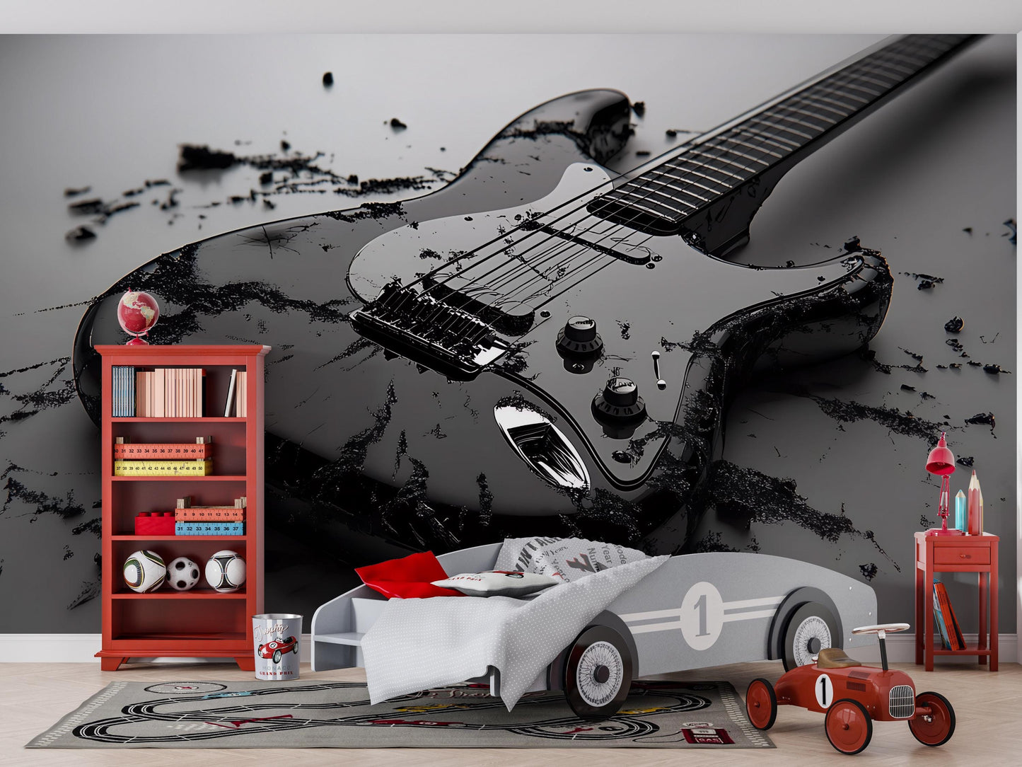 Rock Guitar Wall Mural for Kids Room – Bold Black Electric Guitar Decor Vn530