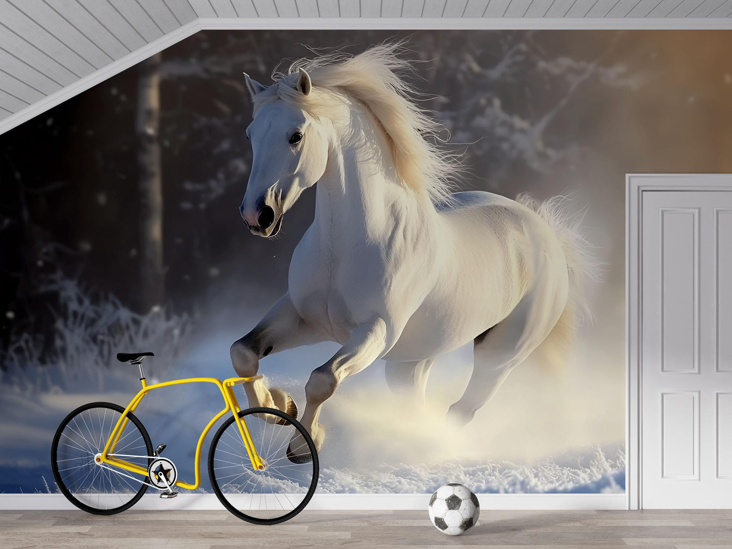 White Horse in Snow Wall Mural – Majestic Winter Stallion Wallpaper for Bedroom or Living Room  Vn782