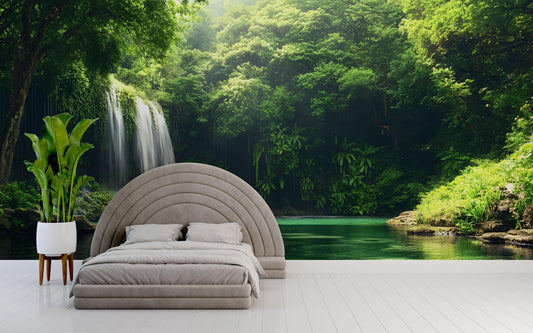 Waterfall Forest Wall Mural | Tranquil Nature Scene for Bedroom Decor | Lush Jungle Wall Art | Scenic Green Landscape Wallpaper Vn690