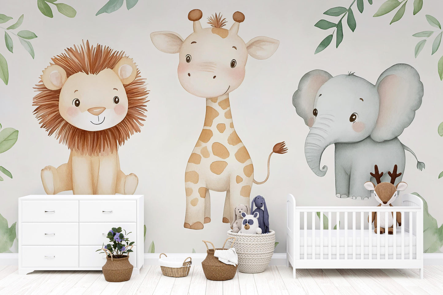 Safari Animal Nursery Mural – Lion Giraffe Elephant Jungle Wallpaper Vn992