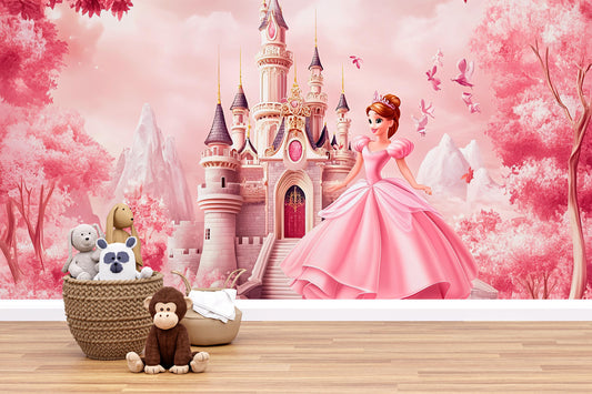 Princess Castle Wall Mural for Girls Room – Pink Fairy Tale Wallpaper with Princess – Kids Bedroom Decor, Nursery Wall Art Vn357