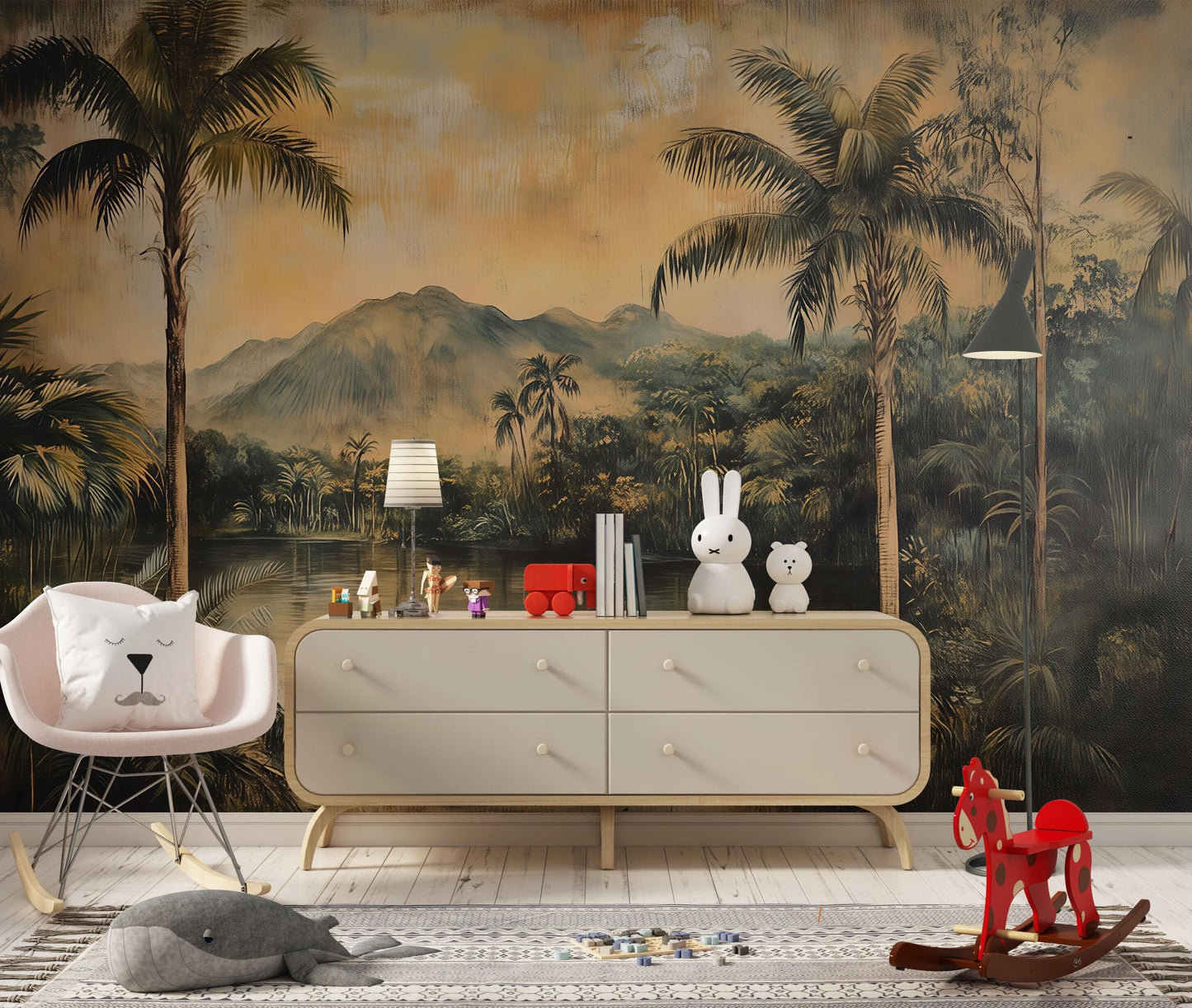 Tropical Vintage Wall Mural – Palm Tree Jungle Landscape Wallpaper Vn828