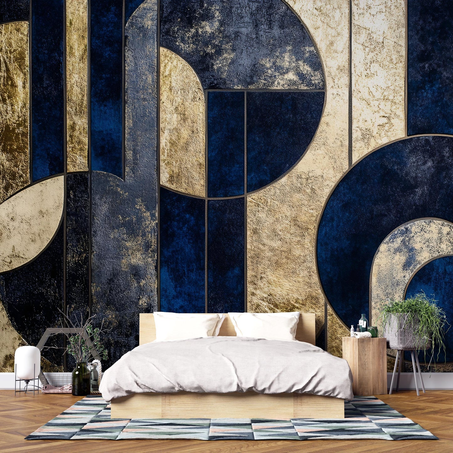 Navy Gold Geometric Wall Mural – Luxury Art Deco Wallpaper Vn961