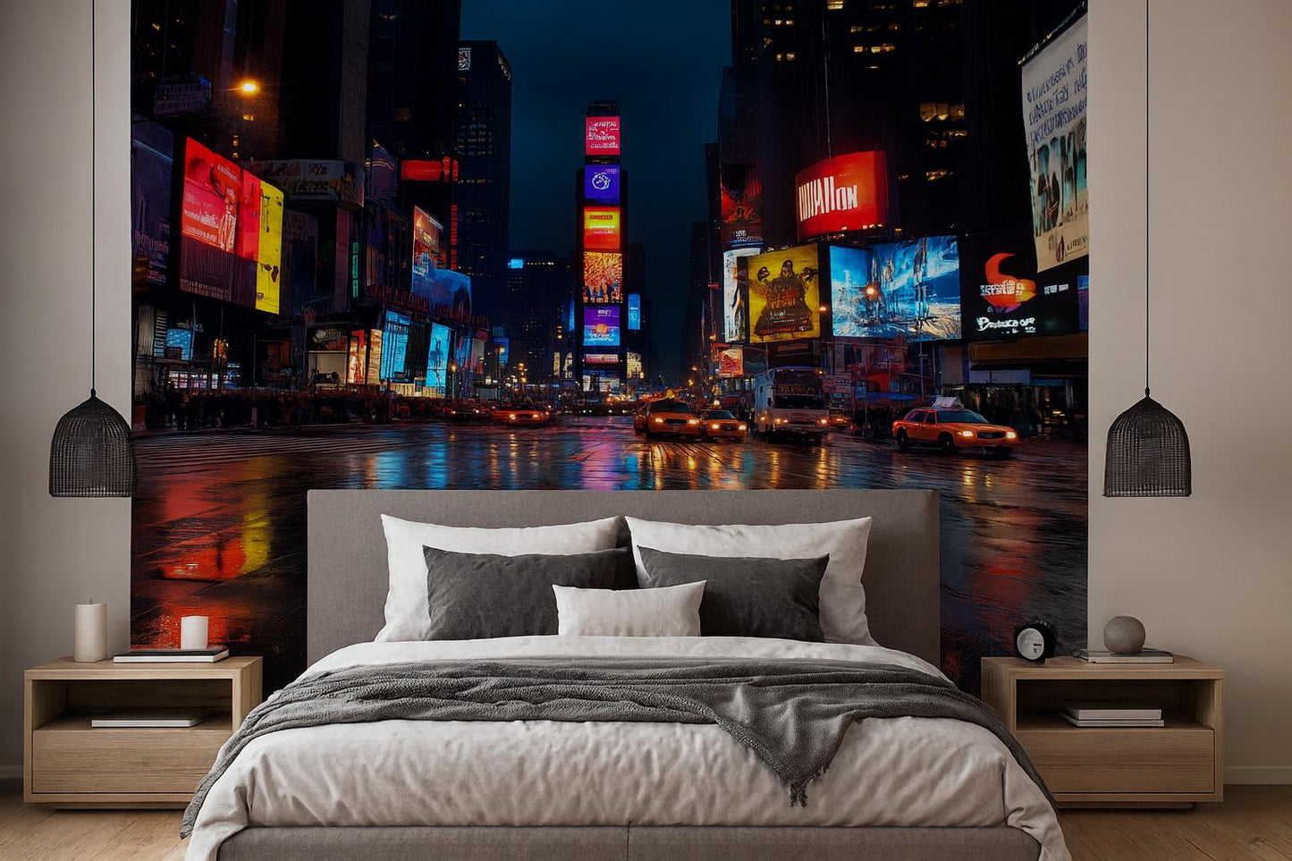Times Square Wall Mural – NYC Night Lights Taxi Street Wallpaper, Wallpaper for Bedroom Vn899