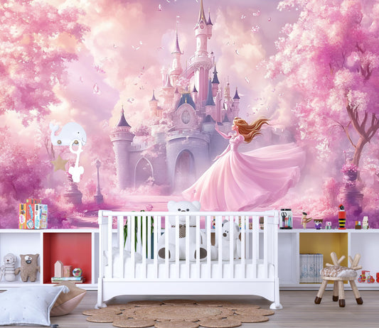 Princess Castle Wall Mural - Pink Fairy Tale Wallpaper for Girls Bedroom, Fantasy Castle Nursery Decor Vn366
