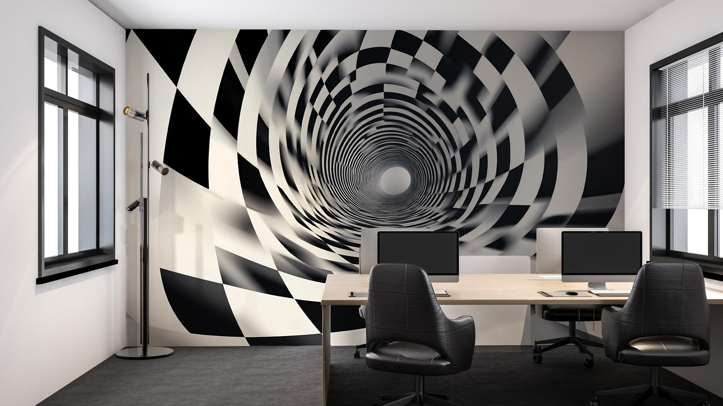Black and White 3D Tunnel Wall Mural – Optical Illusion Modern Office Wallpaper Vn916