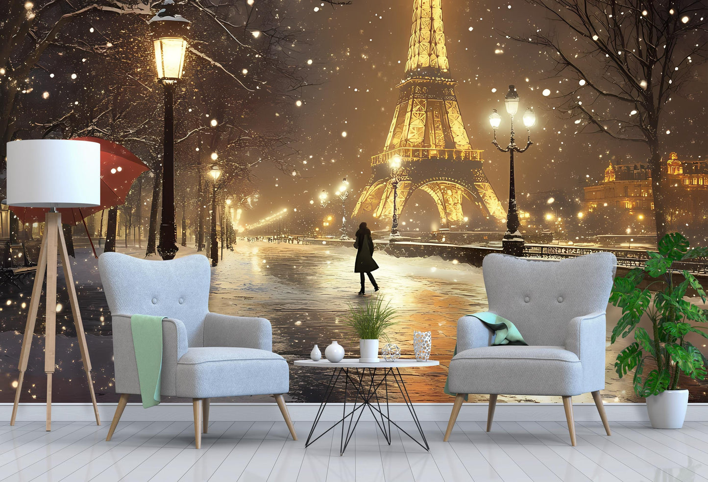 Paris Snowfall Wall Mural – Eiffel Tower Winter Night Scene – Romantic Cityscape Bedroom Decor Vn067