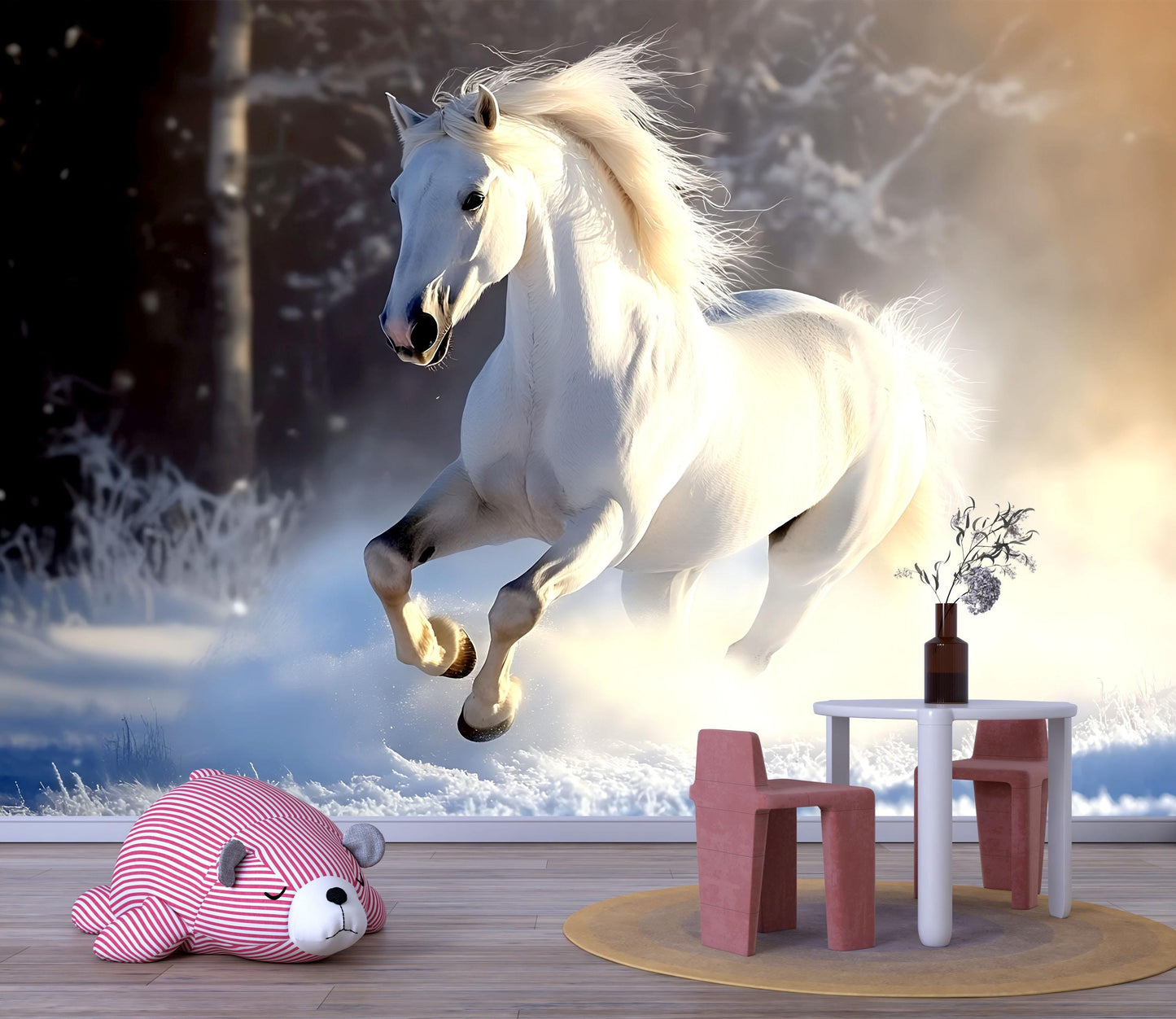 White Horse in Snow Wall Mural – Majestic Winter Stallion Wallpaper for Bedroom or Living Room  Vn782