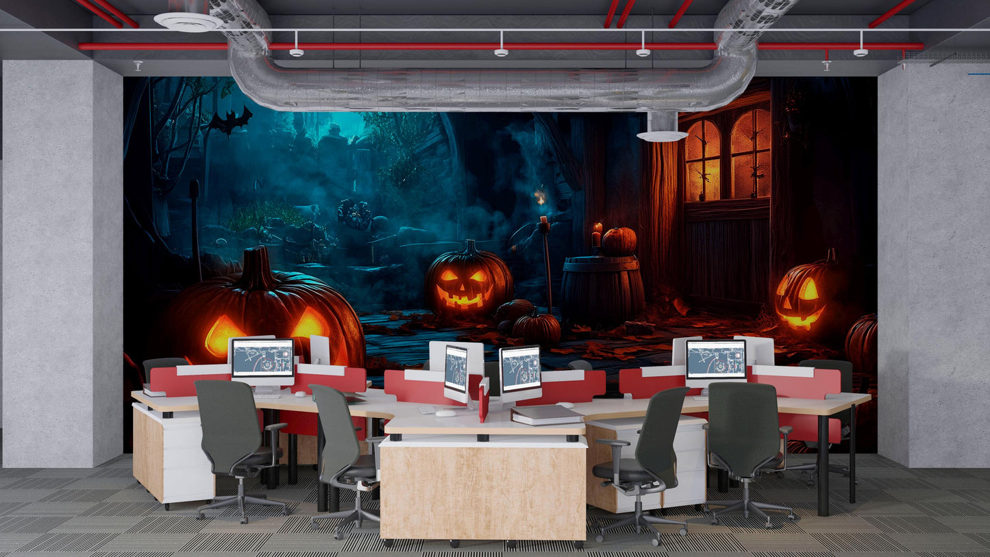Haunted Pumpkin Path Wall Mural – Spooky Halloween Wallpaper for Office or Home Decor Vn788