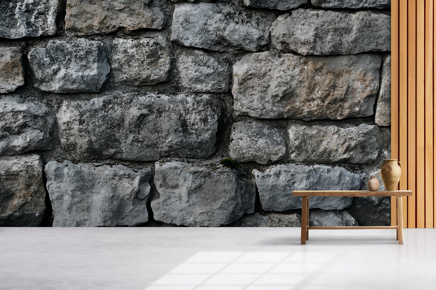 Rustic Stone Wall Mural Wallpaper – Realistic Textured Stone Block Backdrop for Living Room or Office Decor Vn586