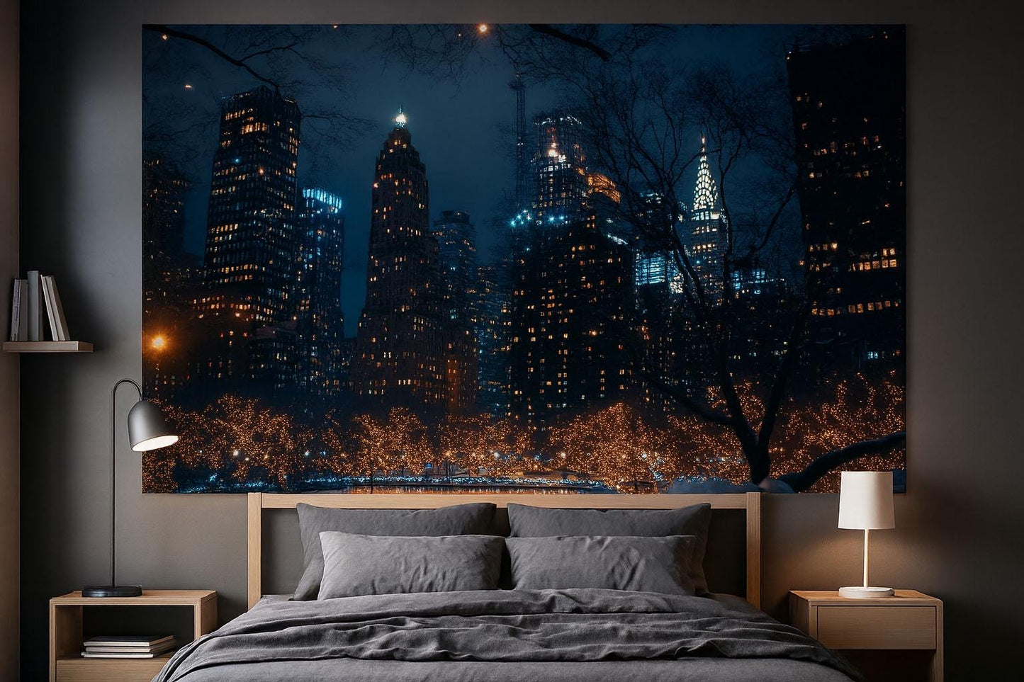 NYC Skyline Wall Mural – Night City Wallpaper with Lights for Bedroom Decor Vn895