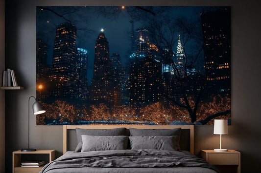 NYC Skyline Wall Mural – Night City Wallpaper with Lights for Bedroom Decor Vn895