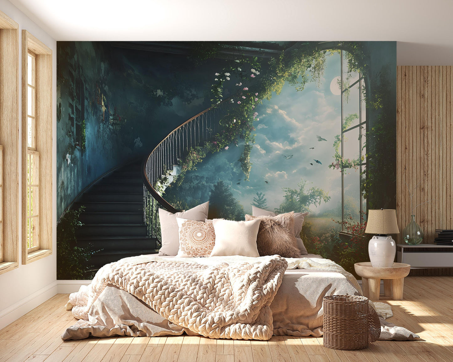 Mystical Staircase Forest Wall Mural – Dreamy Nature Fantasy Bedroom Wallpaper Vn475