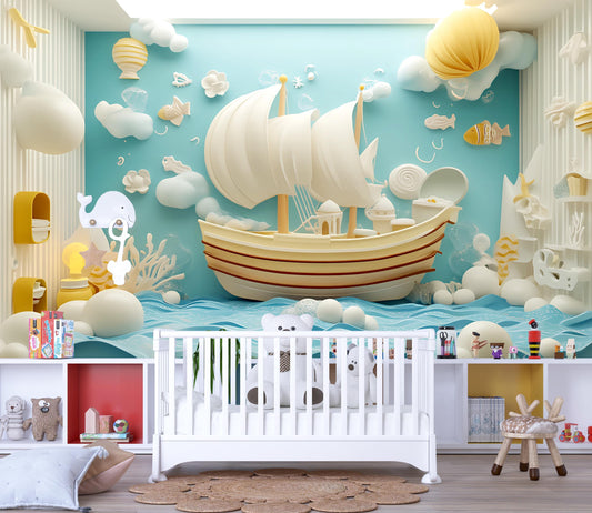 Whimsical Ocean Ship Wall Mural for Kids Room – Nautical 3D Art Print Vn329