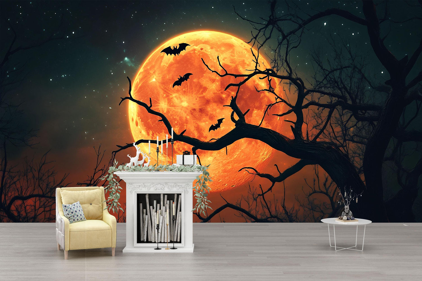 Halloween Full Moon & Bats Wall Mural – Spooky Night Scene Vn804
