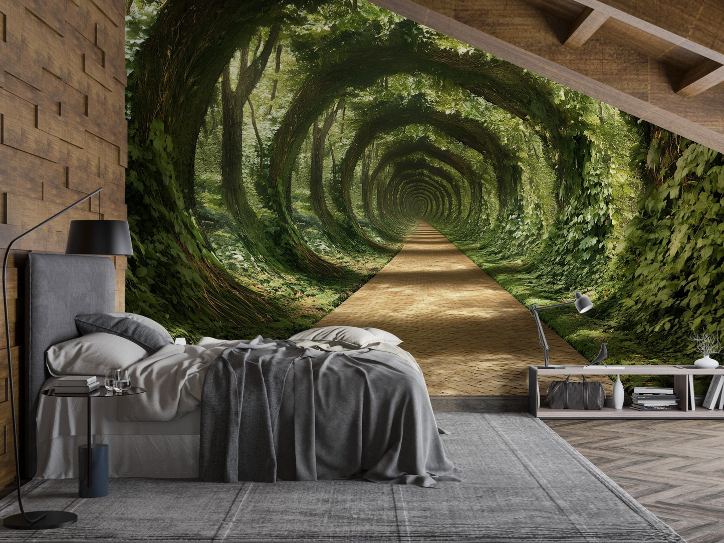 Forest Tunnel Wall Mural for Bedroom – Nature Path Illusion Wallpaper – 3D Green Archway Wall Art Décor Vn579