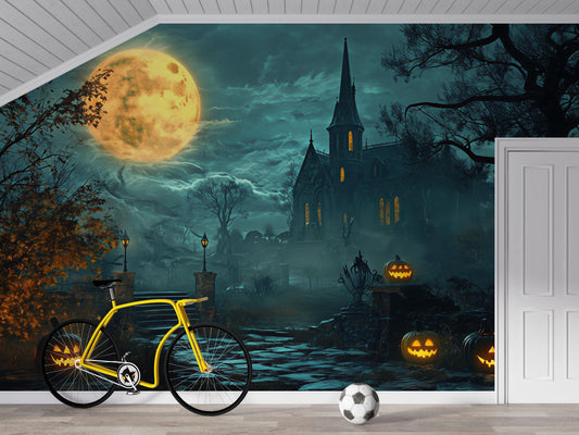 Haunted Church Halloween Wall Mural – Spooky Full Moon and Jack-o’-Lantern Wallpaper Vn790
