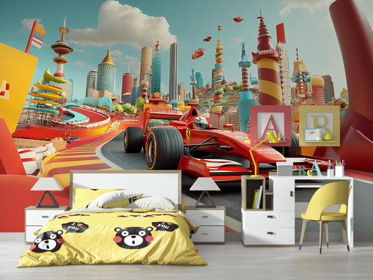 Kids Race Car Wall Mural – Colorful Formula 1 Cityscape Wallpaper for Boys Room Vn371