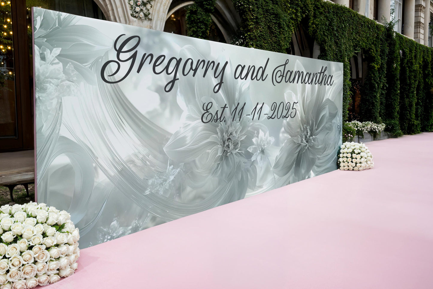 Custom Wedding Floral Wall Sign | Personalized Couple Name Backdrop | Modern Elegant Wedding Decor | Established Date Sign Vn513