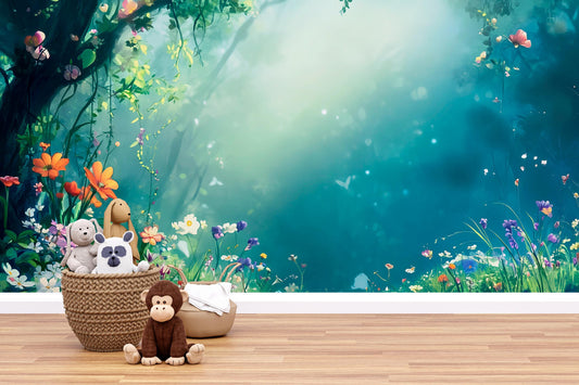 Whimsical Forest Wall Mural for Kids Room – Magical Garden Wallpaper – Fairy Tale Nature Scene Vn712