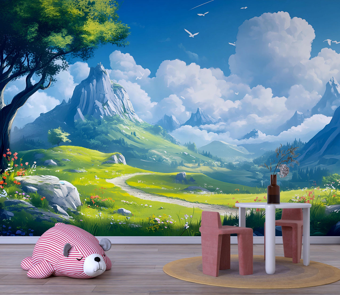 Whimsical Mountain Landscape Wall Mural for Kids Room – Scenic Nature Wallpaper with Clouds, Path, and Forest | Playroom Decor Vn709