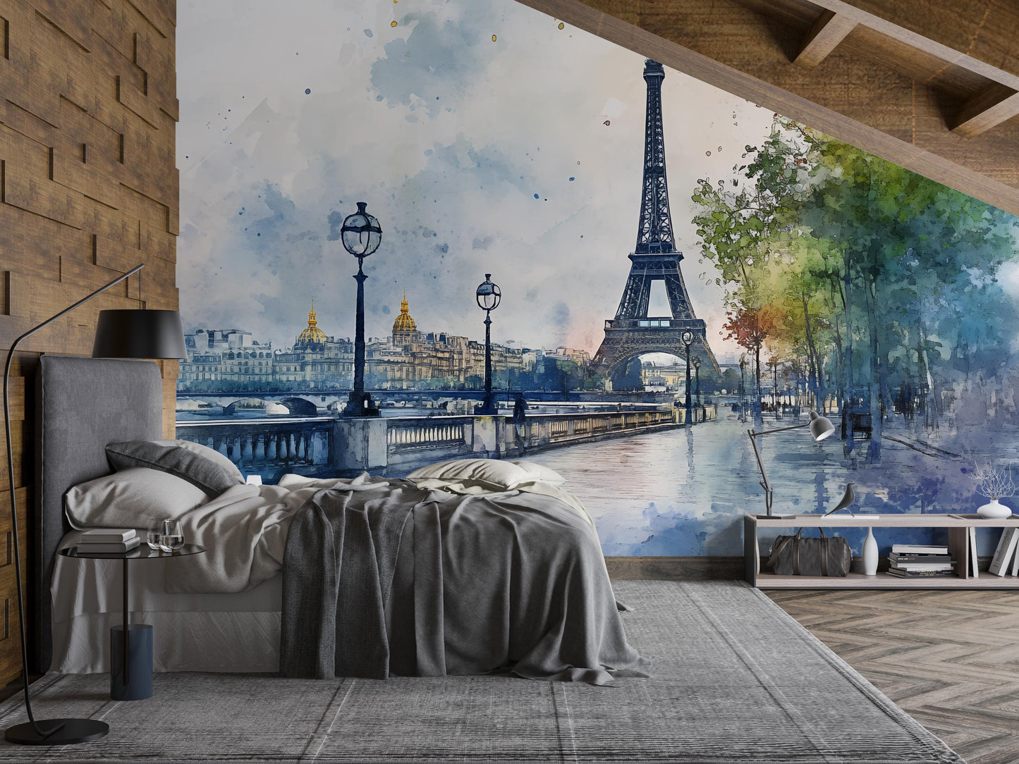 Eiffel Tower Wall Mural – Paris Watercolor Cityscape Wallpaper Vn928